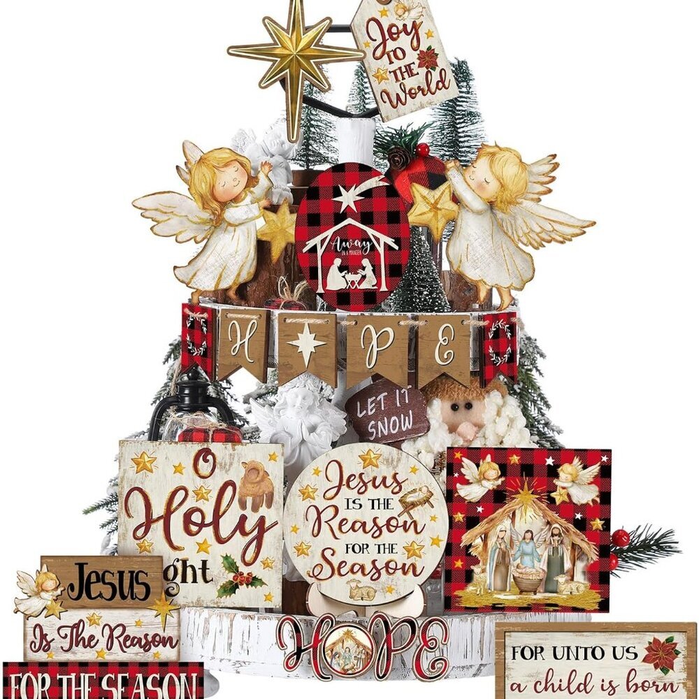 Christmas Tiered Tray Decor Winter Tiered Tray Decorations Set Snowman Snowflake
